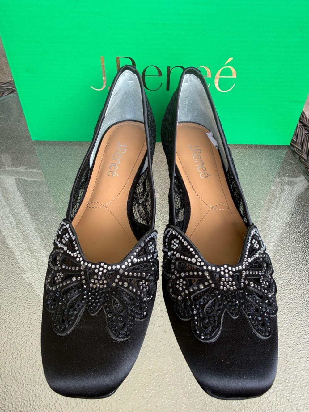 J. Renee Zofia Black Lace & Satin Low Heel Pumps